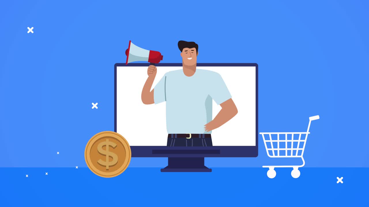 데스크 및 전자 상거래 아이콘에서 메가폰을 가진 노동자