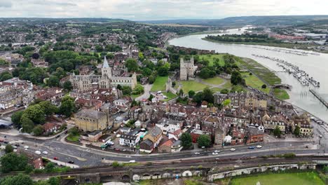 rochester city kent uk pull back drone aerial reverse reveal