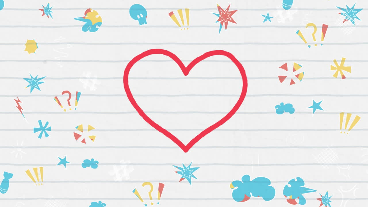 ⁇ 색 선으로 된 종이에 마커로 손으로 그려진 빨간색 윤 ⁇  심장 아이콘의 애니메이션