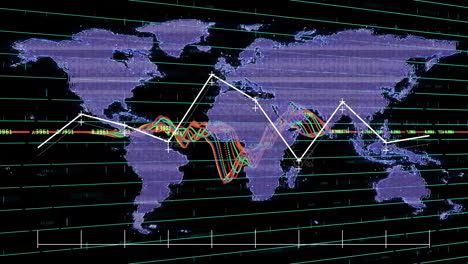 animation of fluctuating financial graphs overlaying world map in school setting