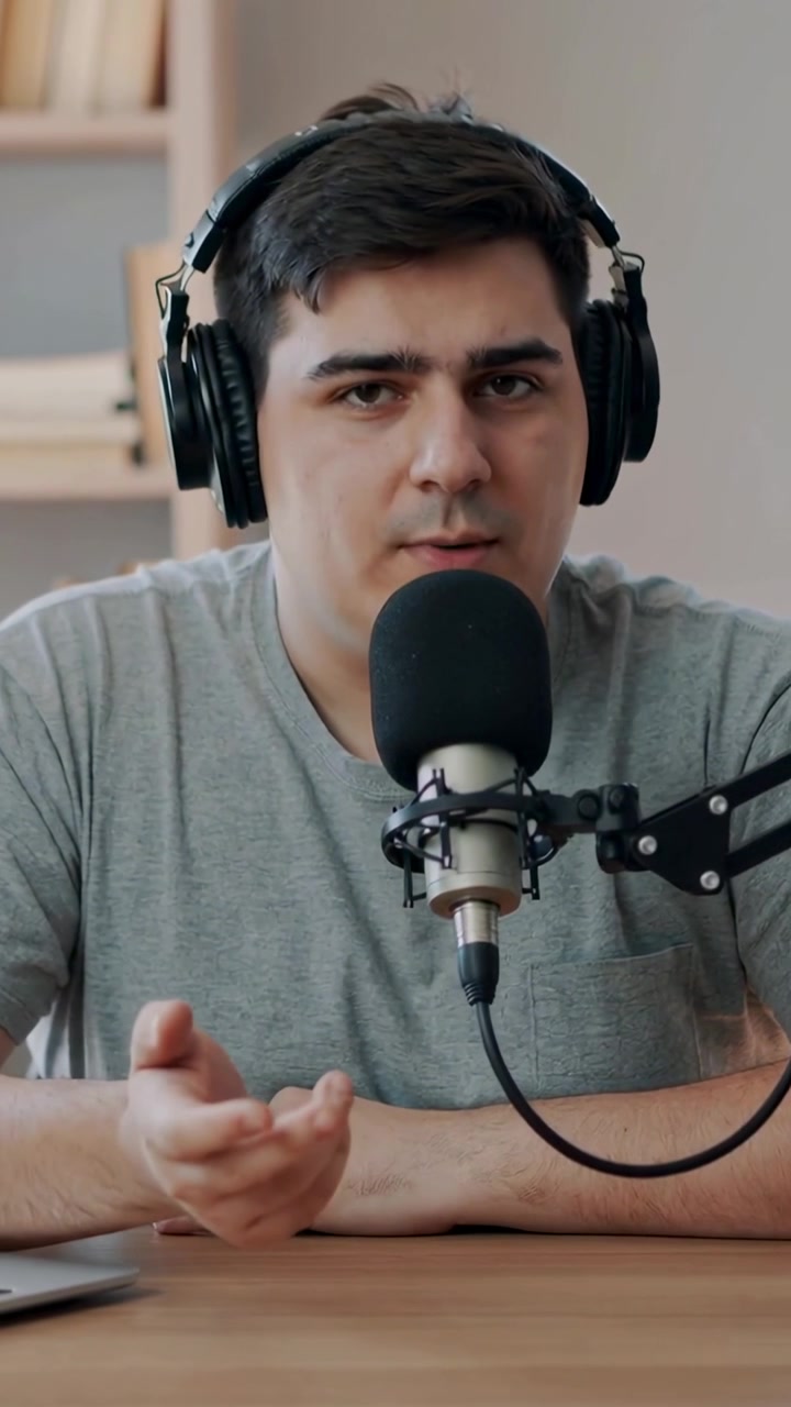 Vertikal video: Mandlig podcaster optager derhjemme med hovedtelefoner og mikrofon til podcast