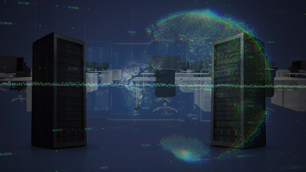 Animation of data processing with globe over server room