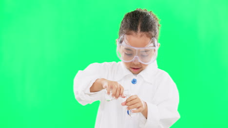 science, test tube and child with liquid on green