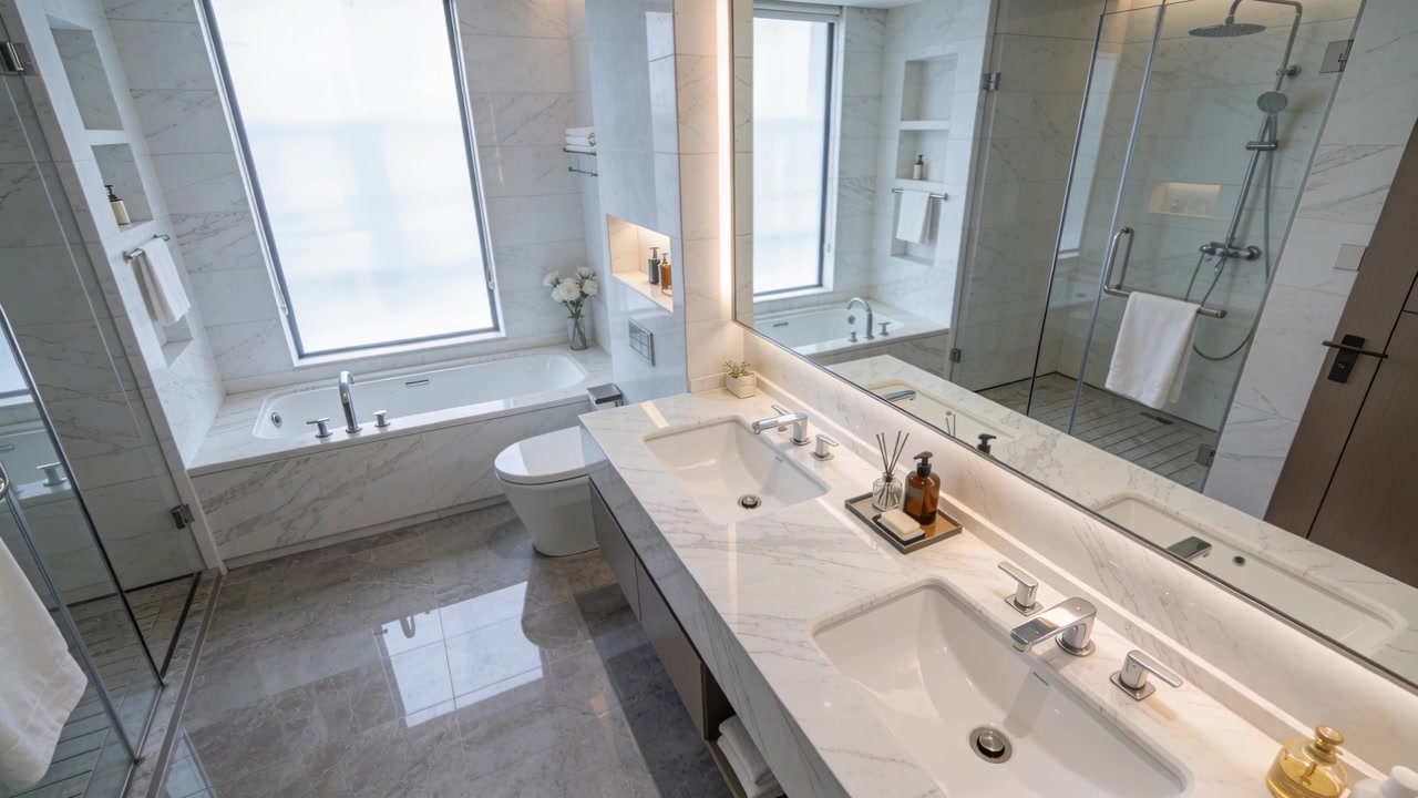 Telecamera che panoramica rivelando un doppio lavabo e uno specchio illuminato in un bagno moderno, mostrando gli accessori della doccia.