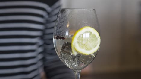 close-up of gin tonic with lemon and bubbles