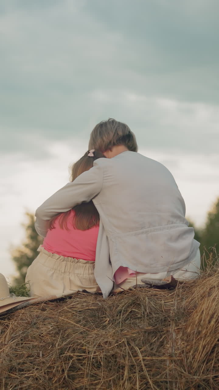 vista trasera de una mujer abrazando a una niña de cerca mientras se sienta en una bala de heno con un sombrero a su lado bajo un cielo nublado, un momento pacífico en el campo que captura el calor, el amor y la unión familiar en la naturaleza