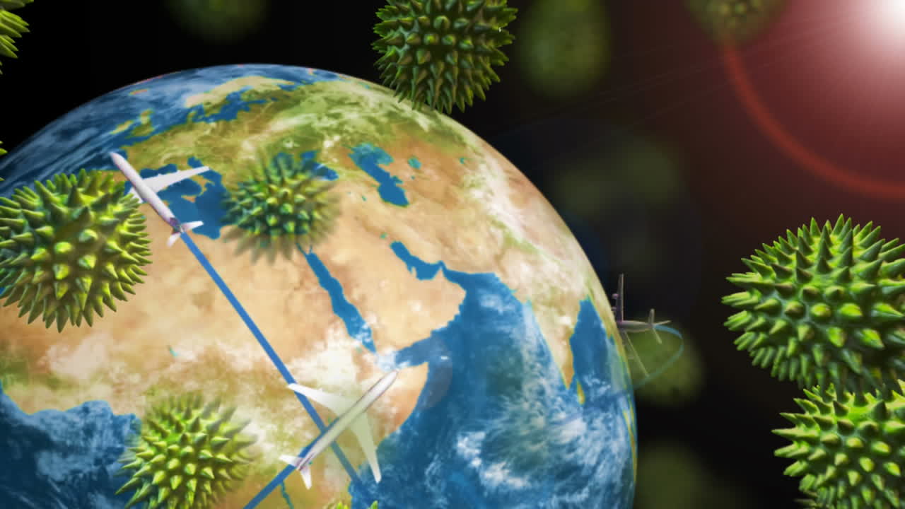 анимация зеленых макро-коронавирусных клеток ковид-19, распространяющихся по всему миру с летающими самолетами