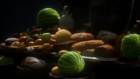 food table with wine barrels and some fruits, vegetables and bread