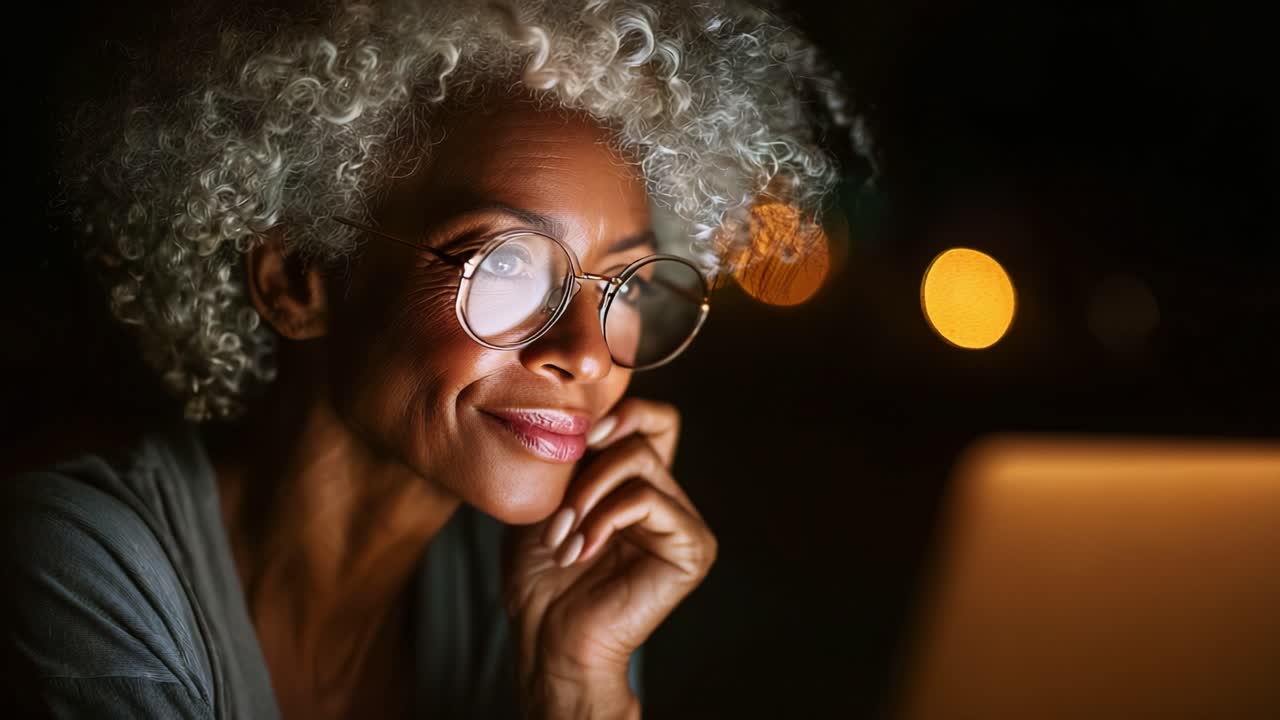 A Thoughtful Woman with Silver Curly Hair Gazes Intently at Her Laptop, Illuminated by Soft Bokeh Lights, Reflecting Focus and Calm in a Cozy Evening Atmosphere
