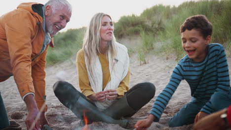 familia de varias generaciones tostando malvaviscos alrededor del fuego en vacaciones de playa de invierno