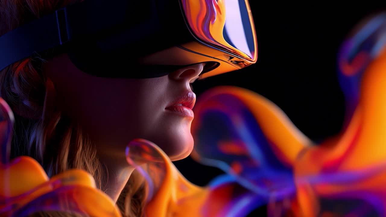 Exploring Virtual Reality: A Female Avatar Engaged in a Colorful Digital Landscape, Surrounded by Vivid Light Trails and Abstract Patterns in Immersive Gaming Experience