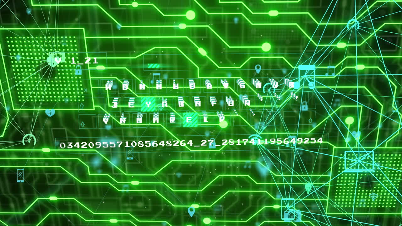 디지털 아이콘의 글로브의 애니메이션, 데이터 처리 및 녹색 빛나는 마이크로 프로세서 연결