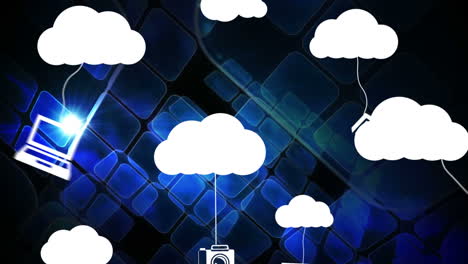 nuvola bianca in movimento con icone di rete su sfondo digitale blu