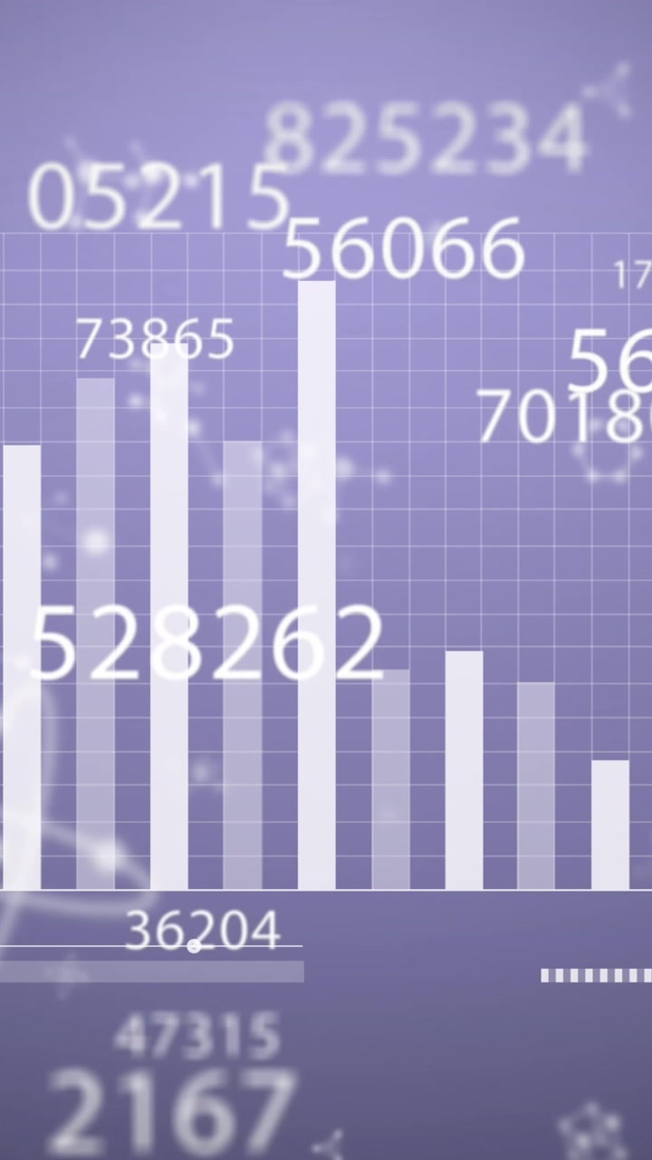 Digital animation of changing numbers, data processing and molecular structures on purple background