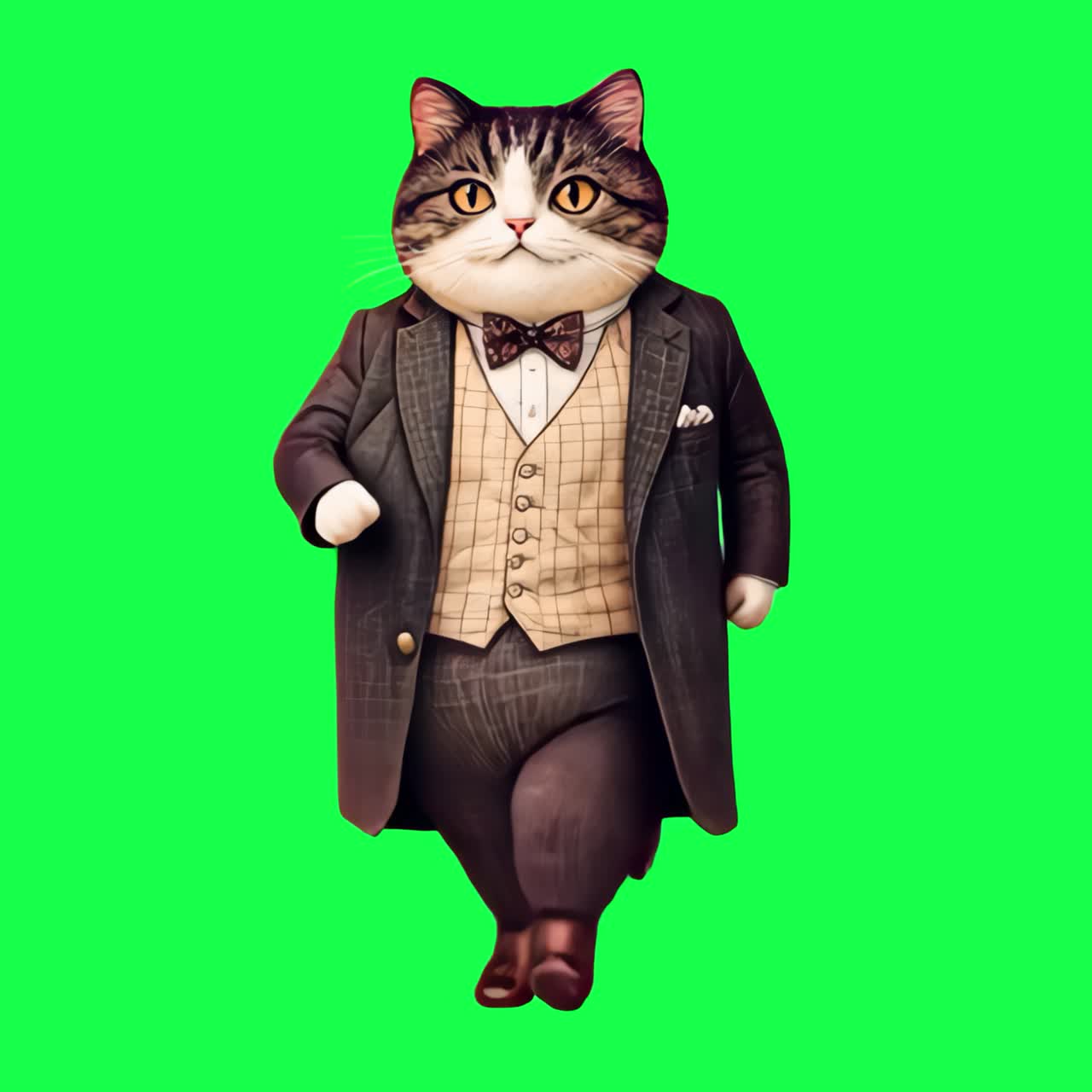 Dapper cat in formal attire animation, transparent 4K video, green screen