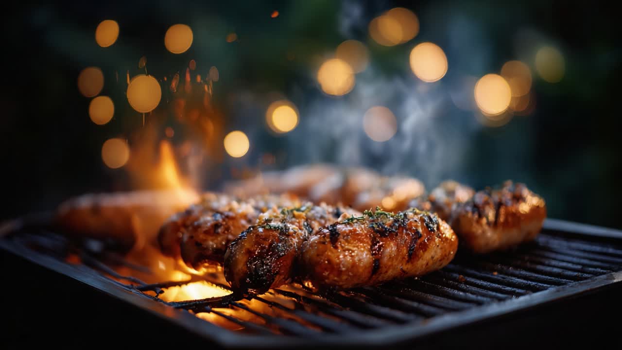 Pollo grigliato sfrigolante sul barbecue con sfondo bokeh luminoso, che mostra una deliziosa marinatura e una perfetta consistenza abbrustolita in un'accogliente atmosfera serale.