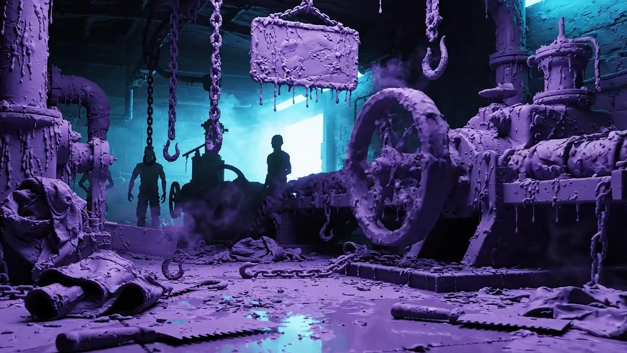 Atmosfera sinistra em uma cena de fábrica mal iluminada com sombras misteriosas e uma paleta de cores roxas, destacando um abandono industrial e uma sensação de mau presságio.