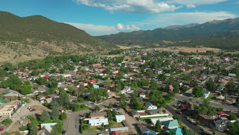 Salida-Colorado-neighborhood-aerial-cinematic-drone-mid-summer-downtown-S-Lime-Mill-near-Buena-Vista-on-Arkansas-River-Riverside-Park-Scout-surfing-biking-hiking-rafting-Rocky-Mountain-forward-motion