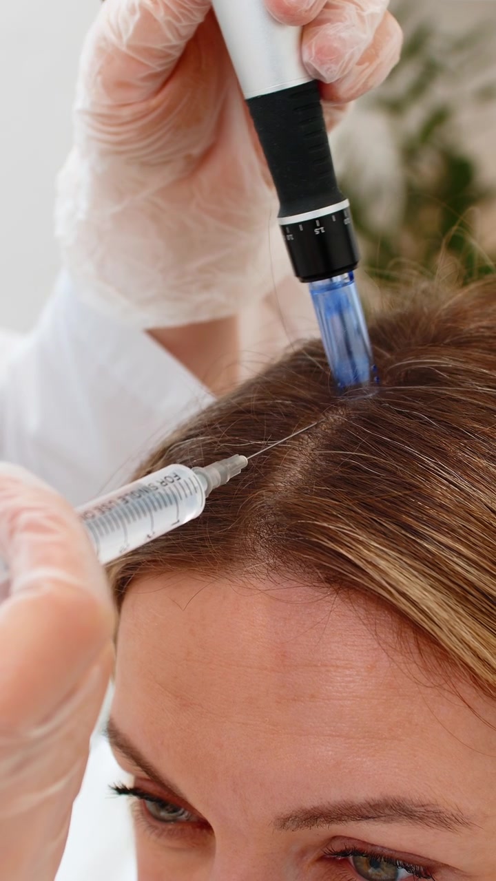 Trichologist cosmetologist applies scalp mesotherapy with syringe and dermapen in a beauty clinic