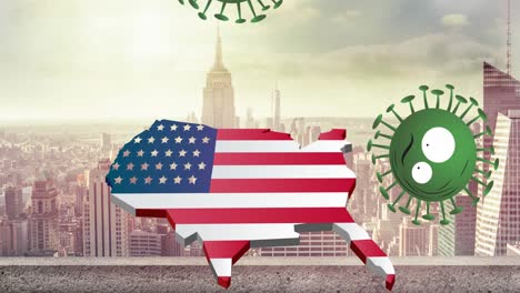 animation of coronavirus cells over usa map coloured with american flag on cityscape background