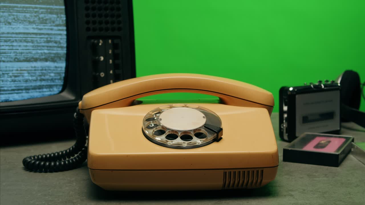 Retro vintage phone, A yellow rotary telephone is displayed on a wooden desk, adding a nostalgic touch