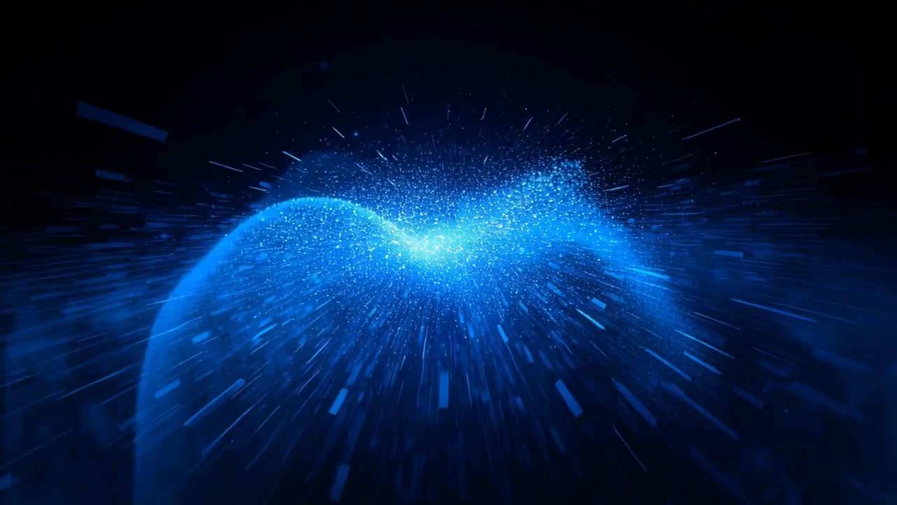 Pulsing blue particle wave emitting streaks after central brightening in dark void, creating motion