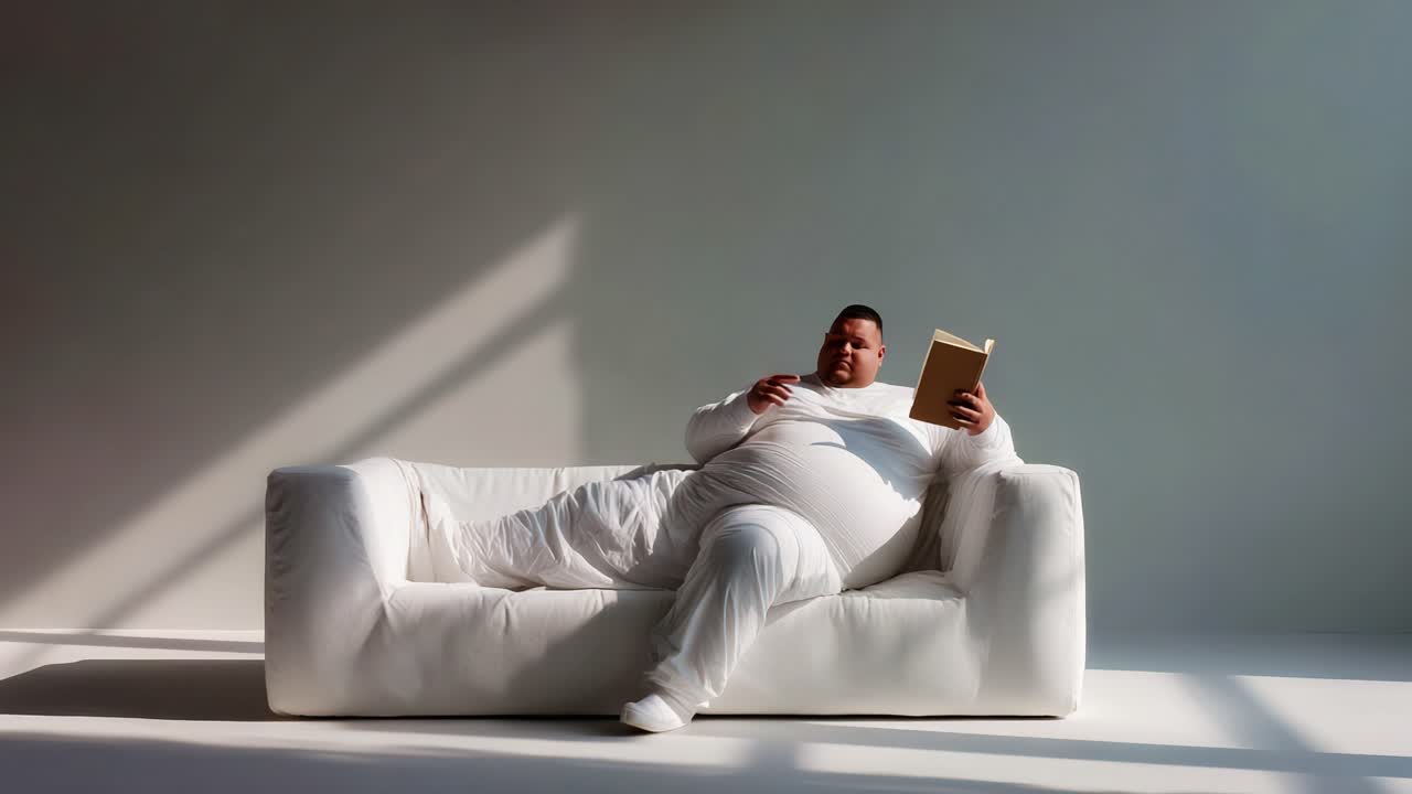 A Person Relaxing on a Sofa While Reading a Book in a Bright, Minimalist Environment Showcasing Daily Life Moments of Leisure and Comfort with Soft Lighting