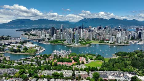 Downtown-Vancouver-Skyline,-False-Creek,-And-Charleson-Park-In-Vancouver,-BC,-Canada