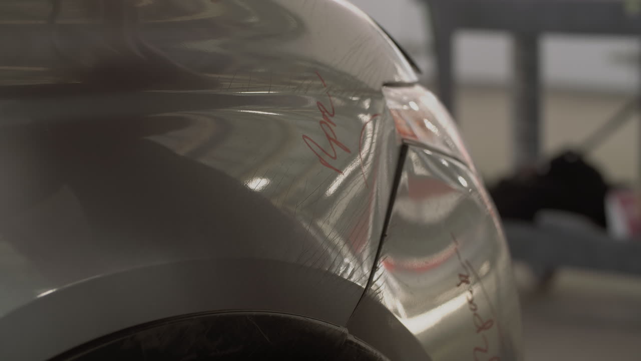 mecánico evaluando daños en la parte delantera del coche.