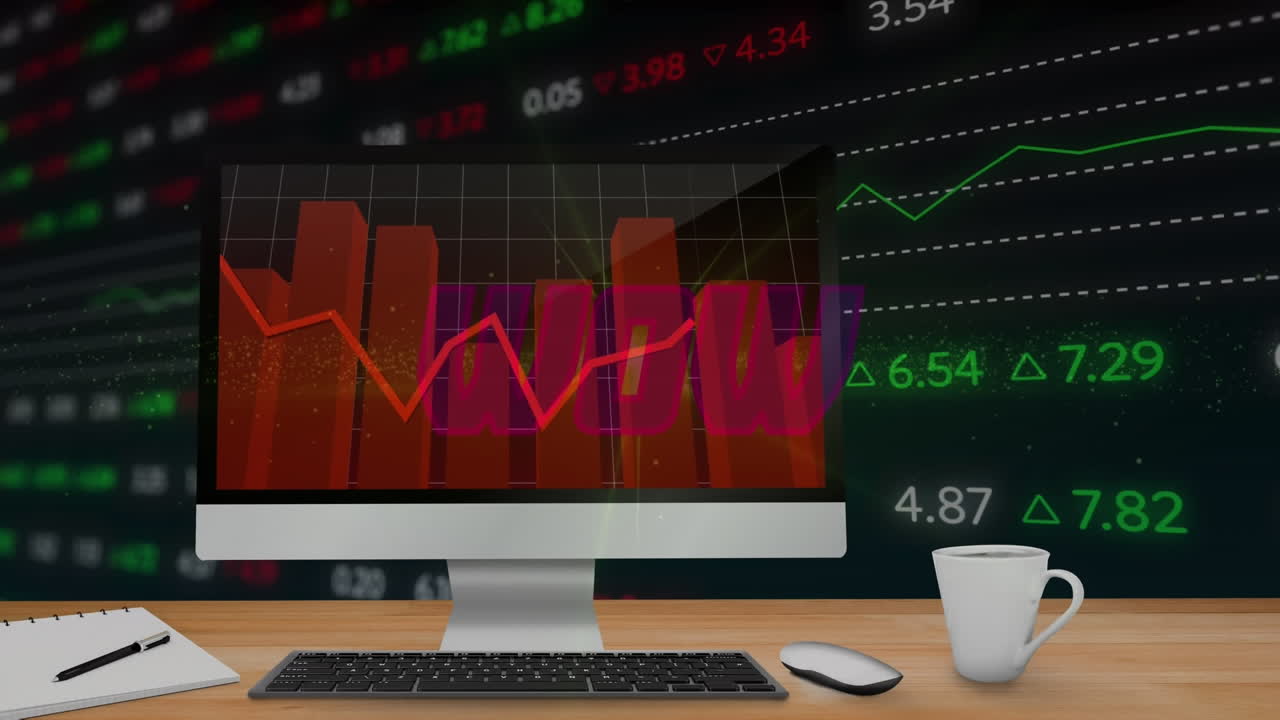 animación de la taza de café y el teclado, gráficos en el escritorio sobre el tablero de negociación contra fondo negro