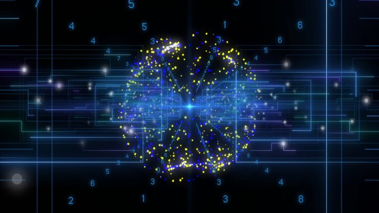 Animation of digital data processing over globe of connections