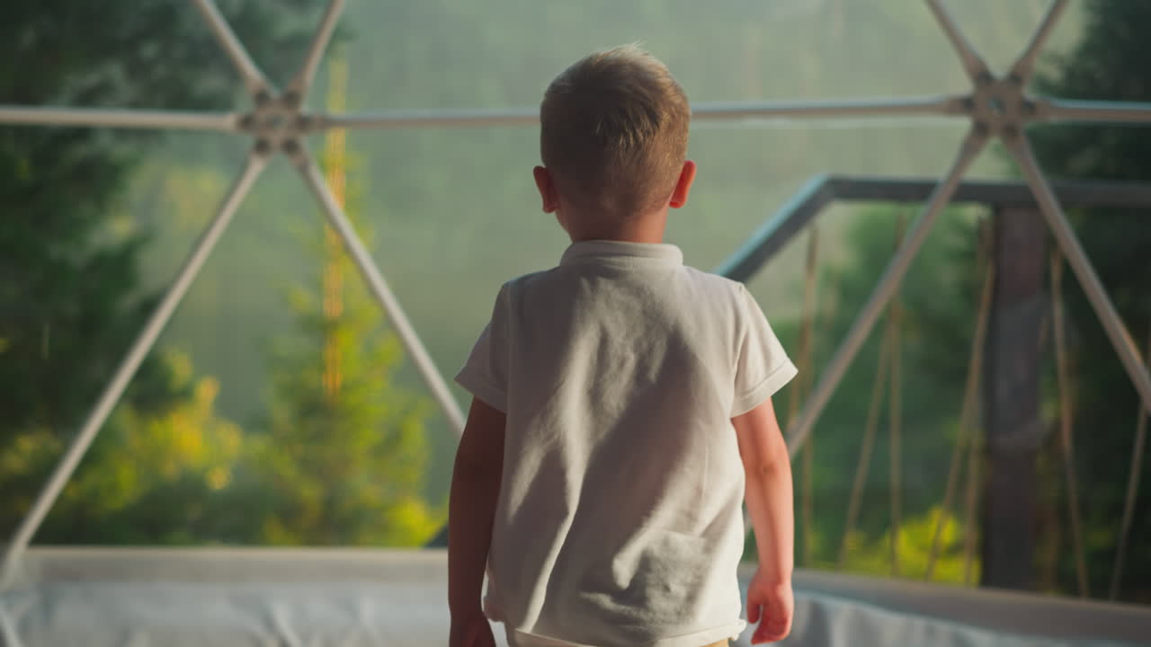 슬픈 아이가 텐트의 투명한 벽에 접근합니다. 상처받은 아이는 가에 팔을 고 느린 동작으로 뒤쪽을 바라보고 있습니다. 유치원 소년은 혼자 서서 흐릿한 배경에서 풍경을 상합니다.