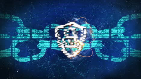 animation of network of connections with chain and padlock over globe