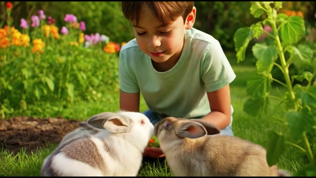 Menino alimentando coelhos com legumes frescos em um jardim