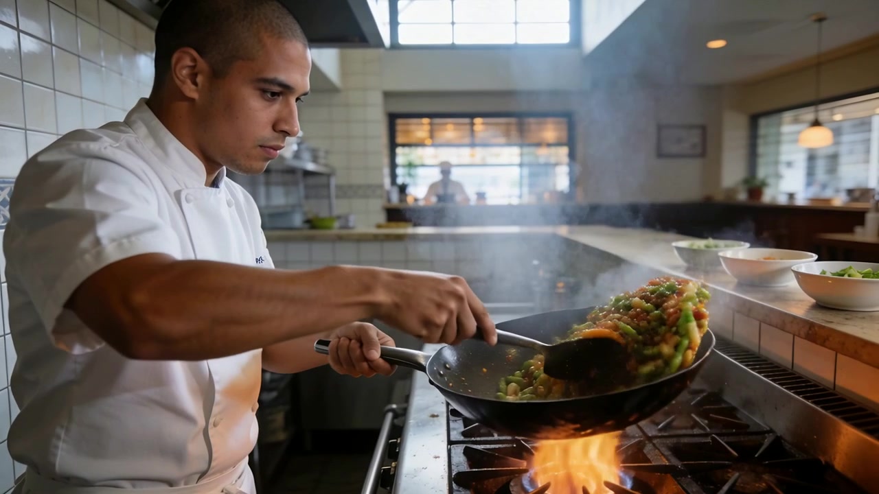 Chef indaffarato con giacca bianca e grembiule che salta le verdure su un fornello a gas per il servizio pasti, con wok