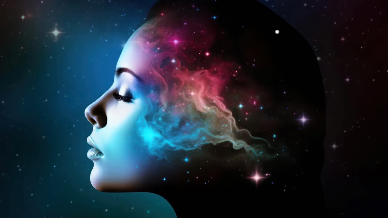 Side profile of a woman's face blending into a cosmic nebula