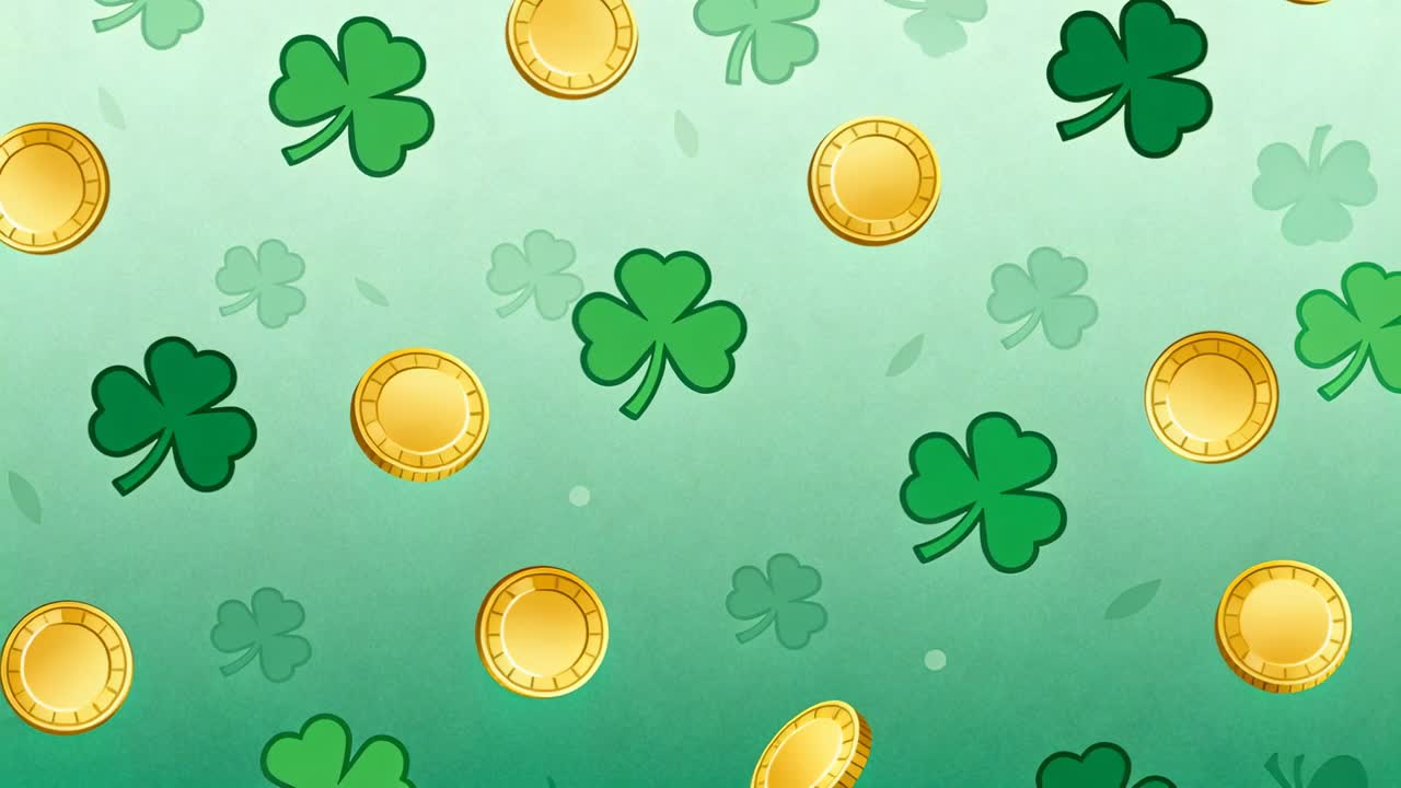Animating gold coins and green clovers drifting downward rotating on green gradient as wallpaper