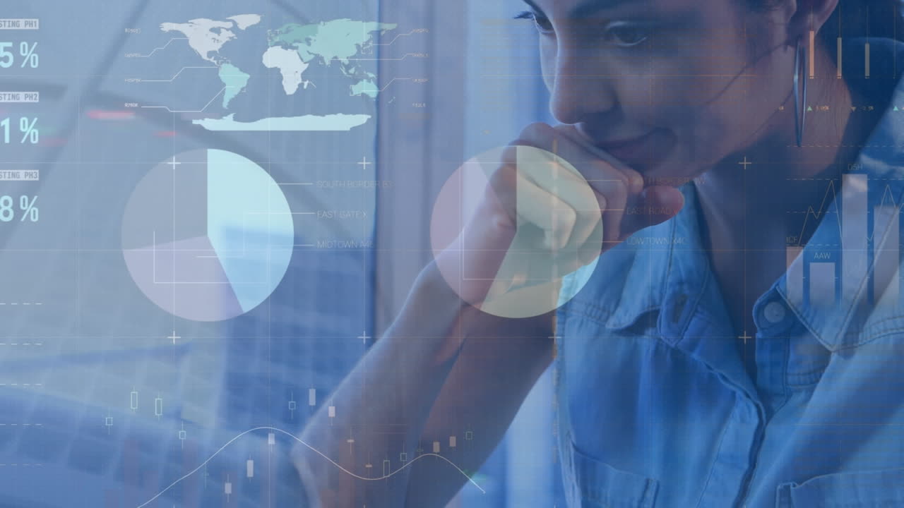 animación de procesamiento de datos estadísticos contra una mujer biracial estresada usando una computadora portátil en la oficina