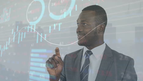 animation of graphs and trading board over african american businessman using futuristic technology