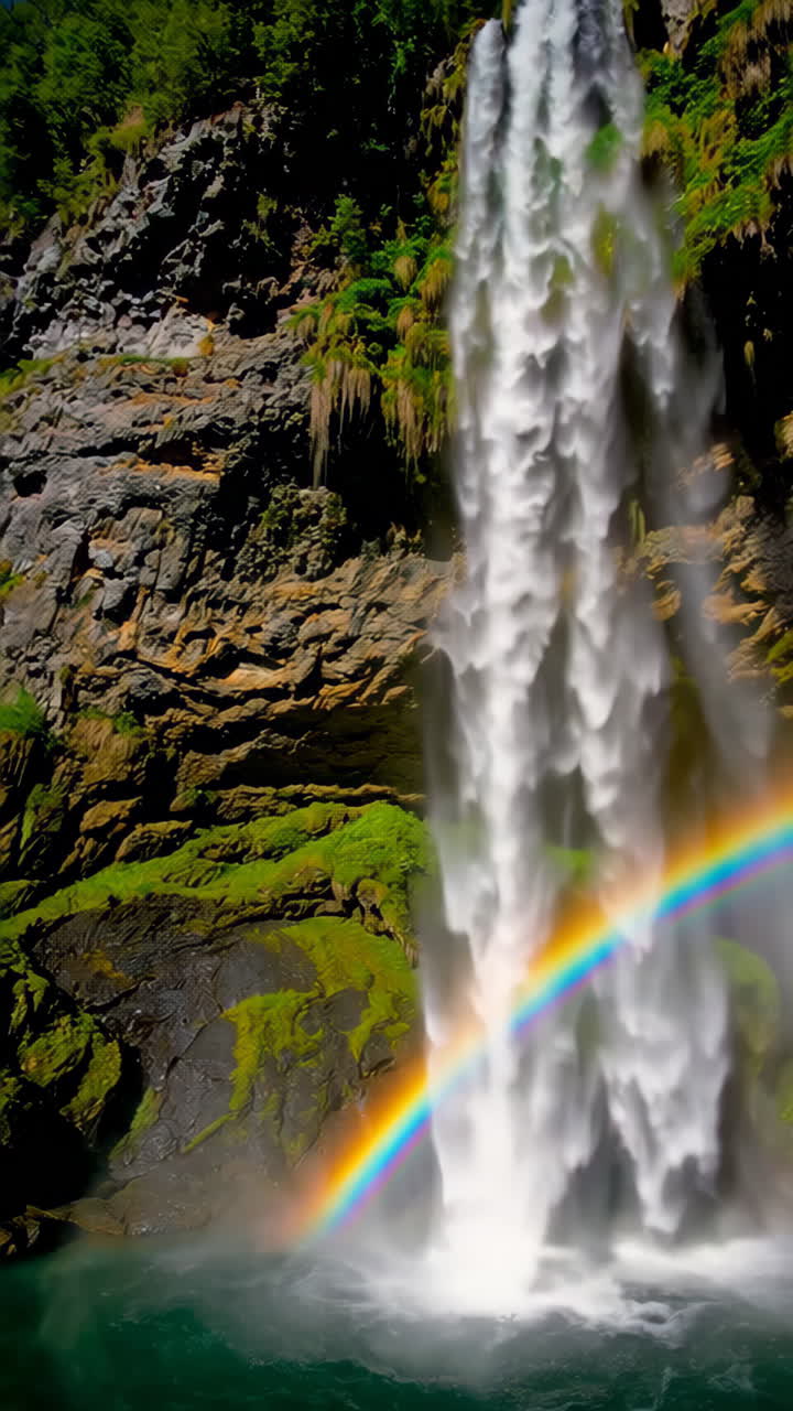 Majestic Waterfall with Rainbow in a Lush Forest