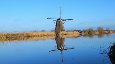 traditional windmill at kinderdijk with a beautiful reflection is slowly bobbling water