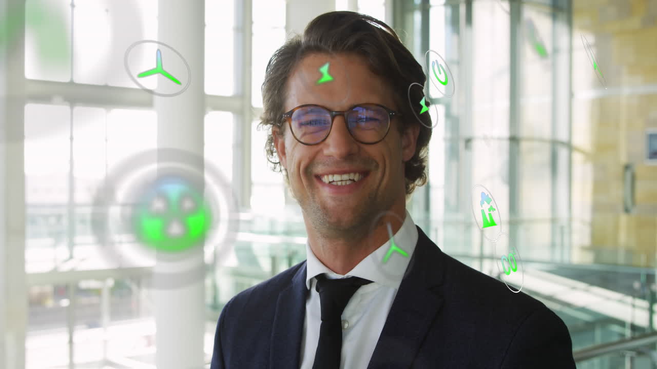 animación de iconos ecológicos sobre el sonriente hombre de negocios caucásico en la oficina