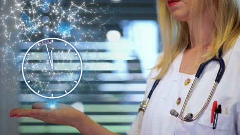 doctor's hand with holographic clock and a network showing the importance of time in early diagnosis and preventive care. - aniamtion