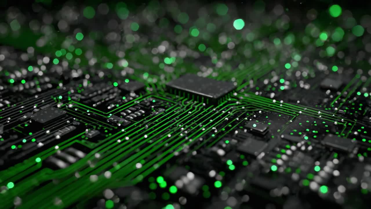 Intricate Exploration of a Circuit Board: A Close-Up View Highlighting the Complex Green Wiring and Detailed Components in a High-Tech Environment