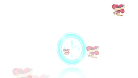 neon digital clock ticking against multiple red heart and key icons falling against white background