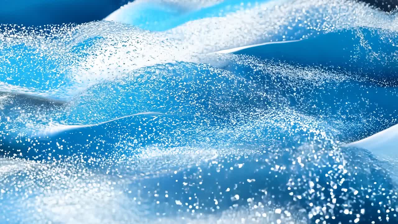 A blue and white fabric with a wavy pattern. The fabric is covered in silver and white glitter