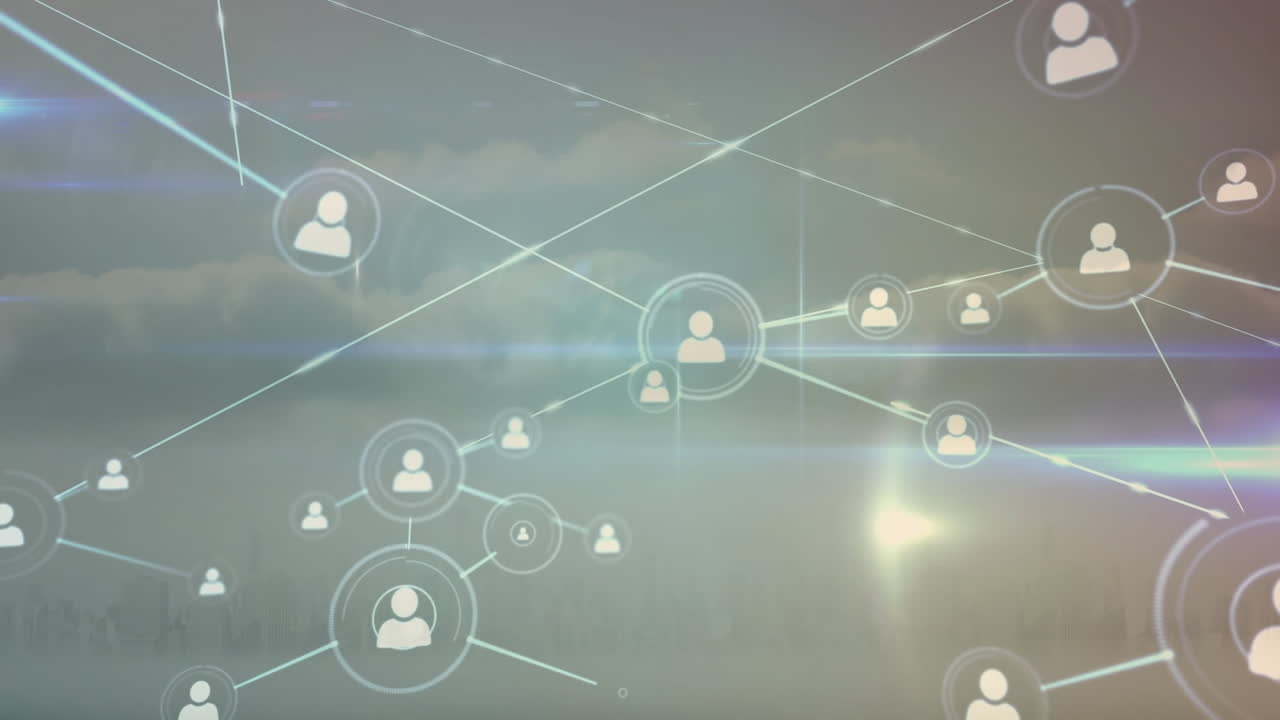 백그라운드의 구름진 하늘 위의 선으로 연결된 프로필 아이콘의 애니메이션