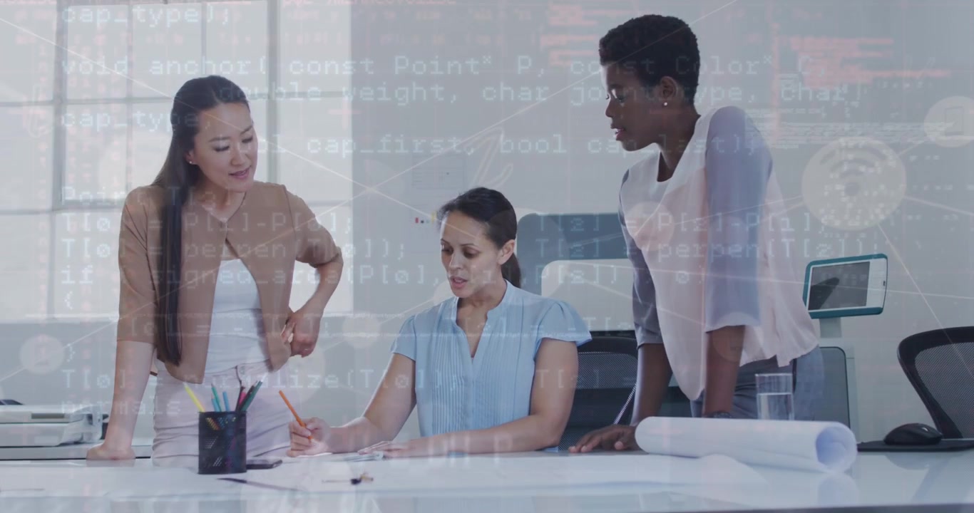Animation of financial data and graphs over diverse female coworkers in office