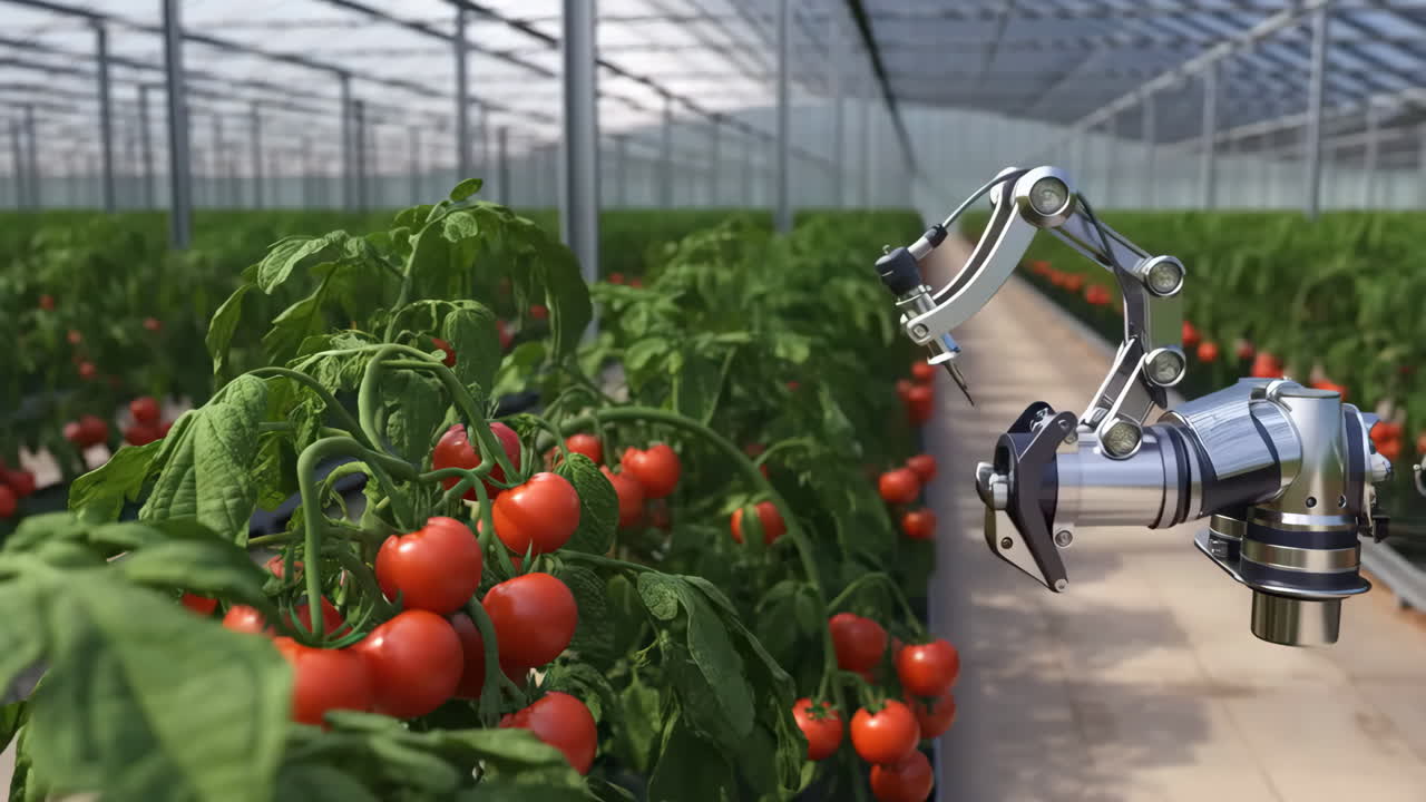 Robotic arm harvesting tomatoes in a modern greenhouse