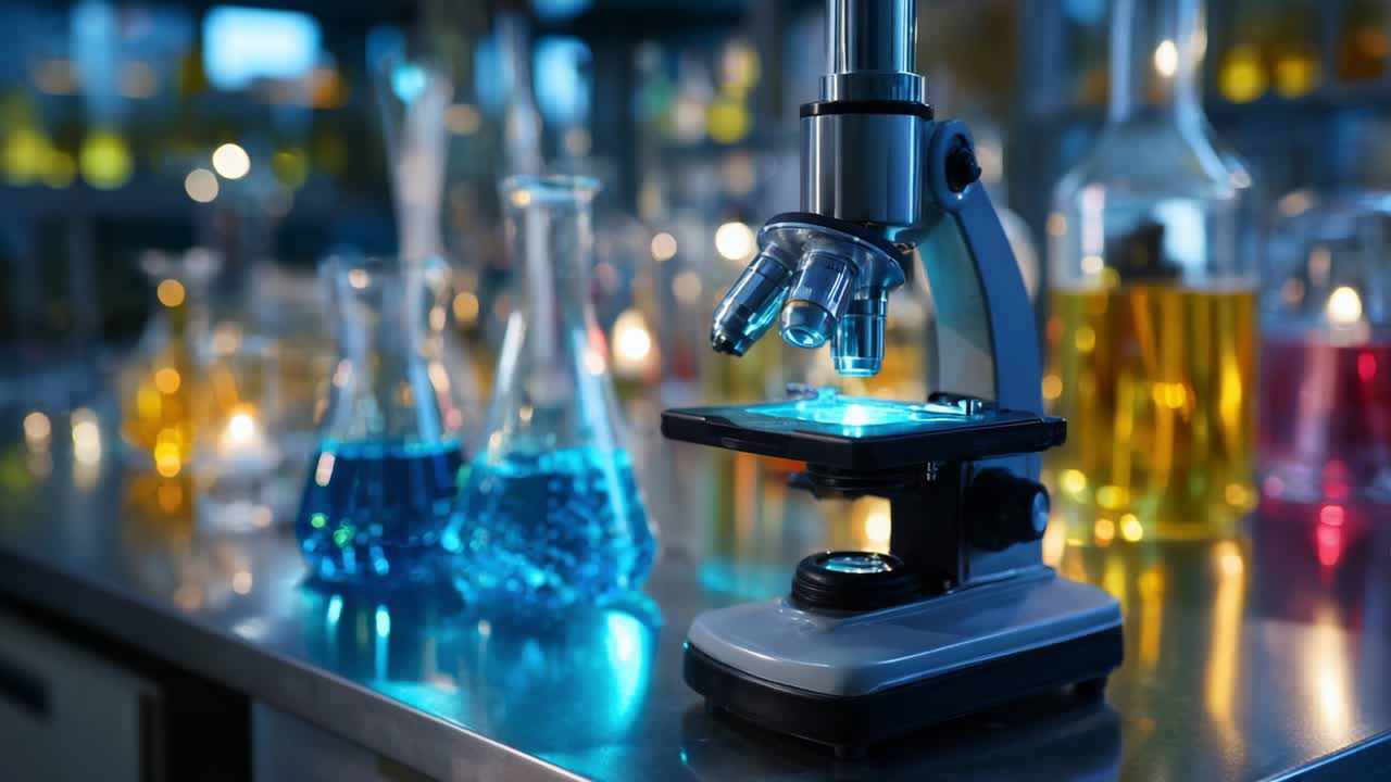 Exploring the Microscopic World: A Close-Up Look at a Microscope in a Vibrant Laboratory Setting Surrounded by Colorful Laboratory Glassware Filled with Various Chemical Solutions and Liquids
